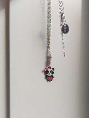 Kids Silver Panda Pendant Necklace with Pink Accents